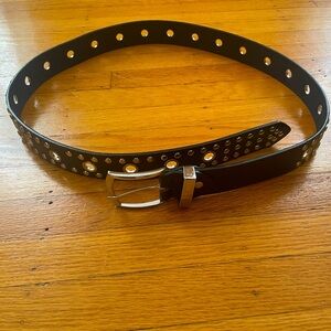 Buckled, metal studded faux leather belt, black.